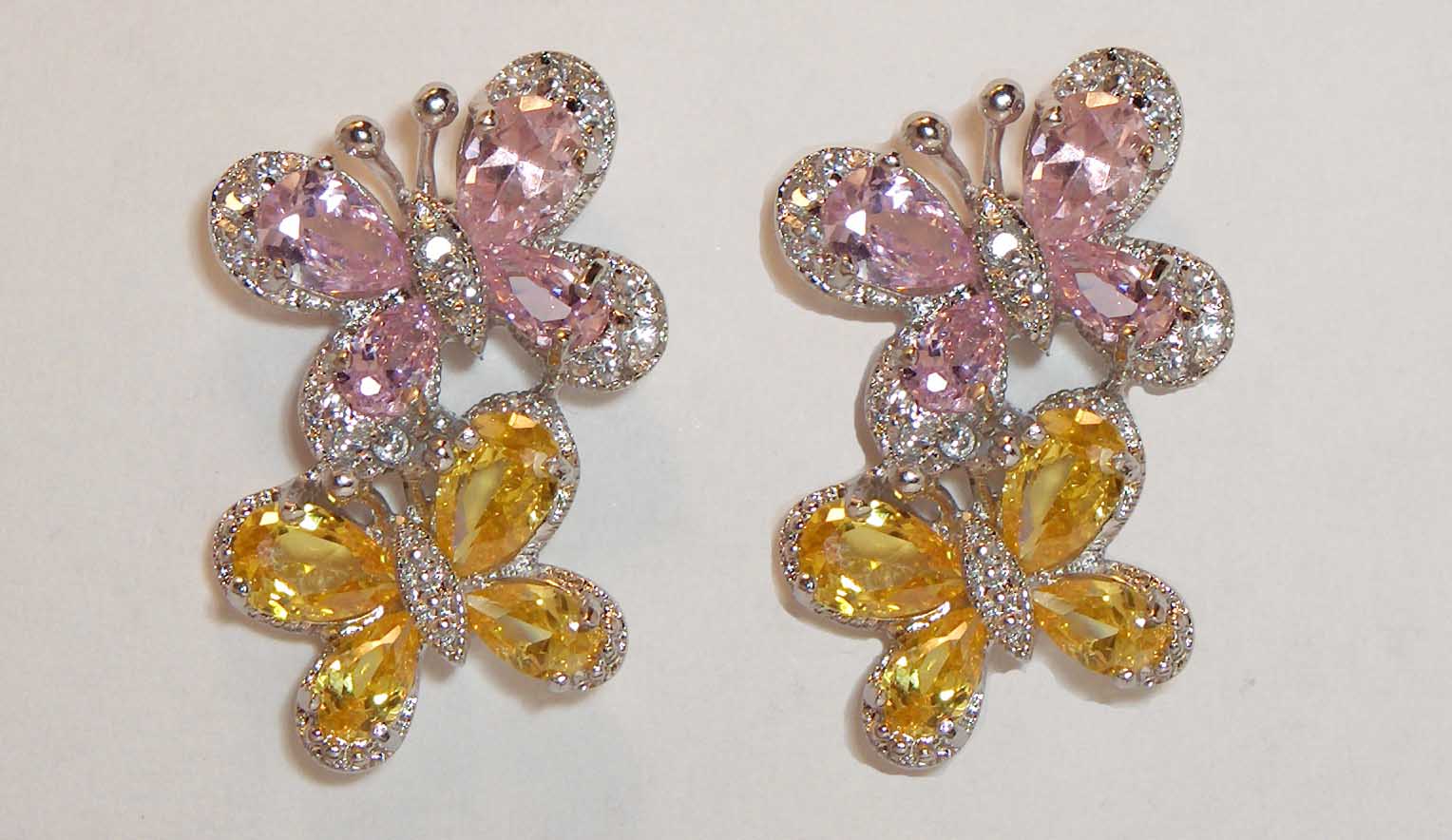 Pink & yellow CZ butterfly silver earrings