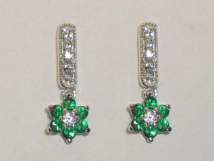 Emerald CZ flower drop silver earrings