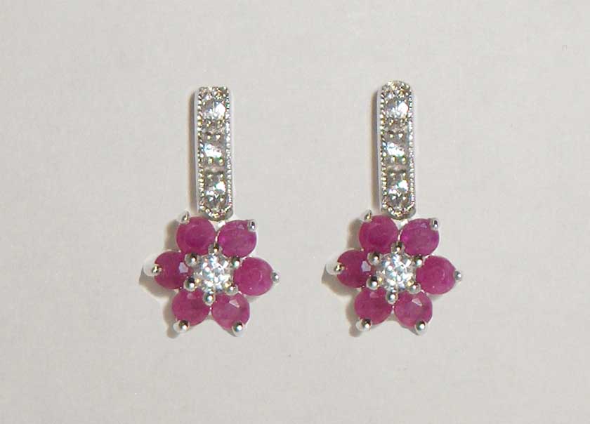 Ruby CZ flower drop silver earrings