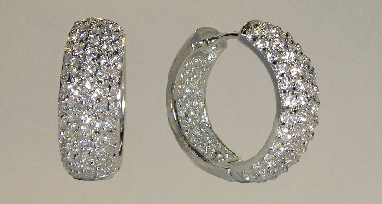White CZ crusted medium silver hoops