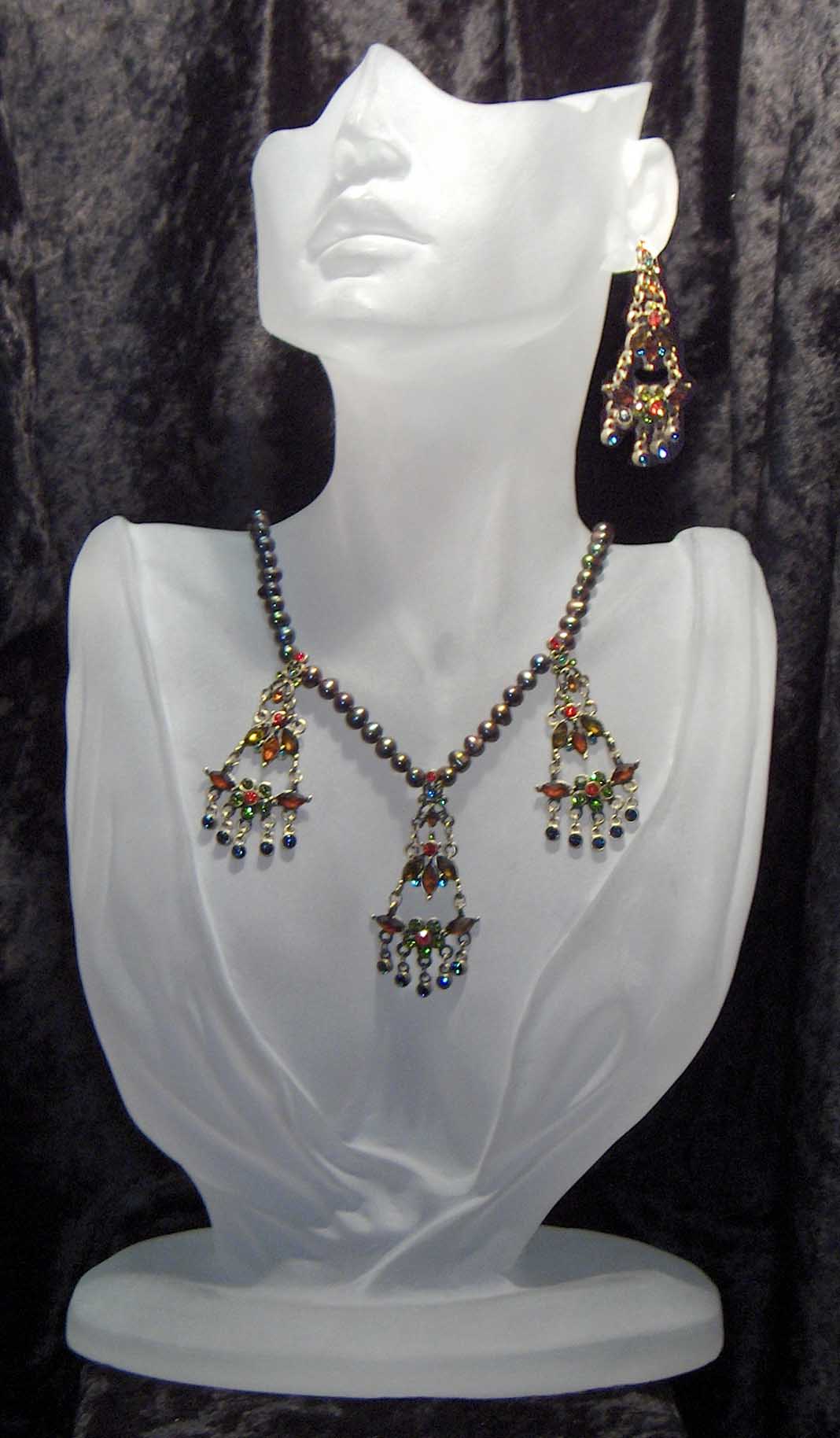 Brown-green fresh water pearls with hanging multi crystal pendants