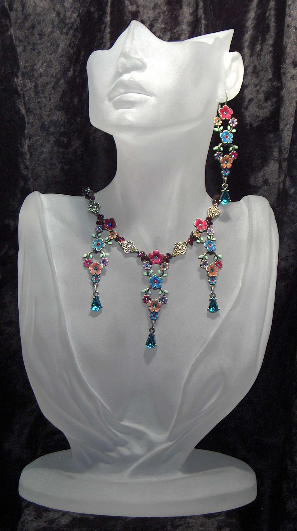 Garnet chips with hanging enamel & crystal pendants