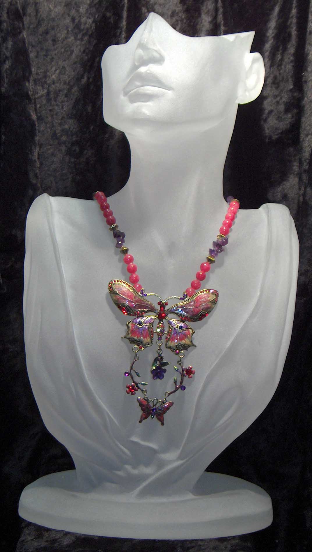 Red glass and amethyst chip necklace with crystal butterfly pendant