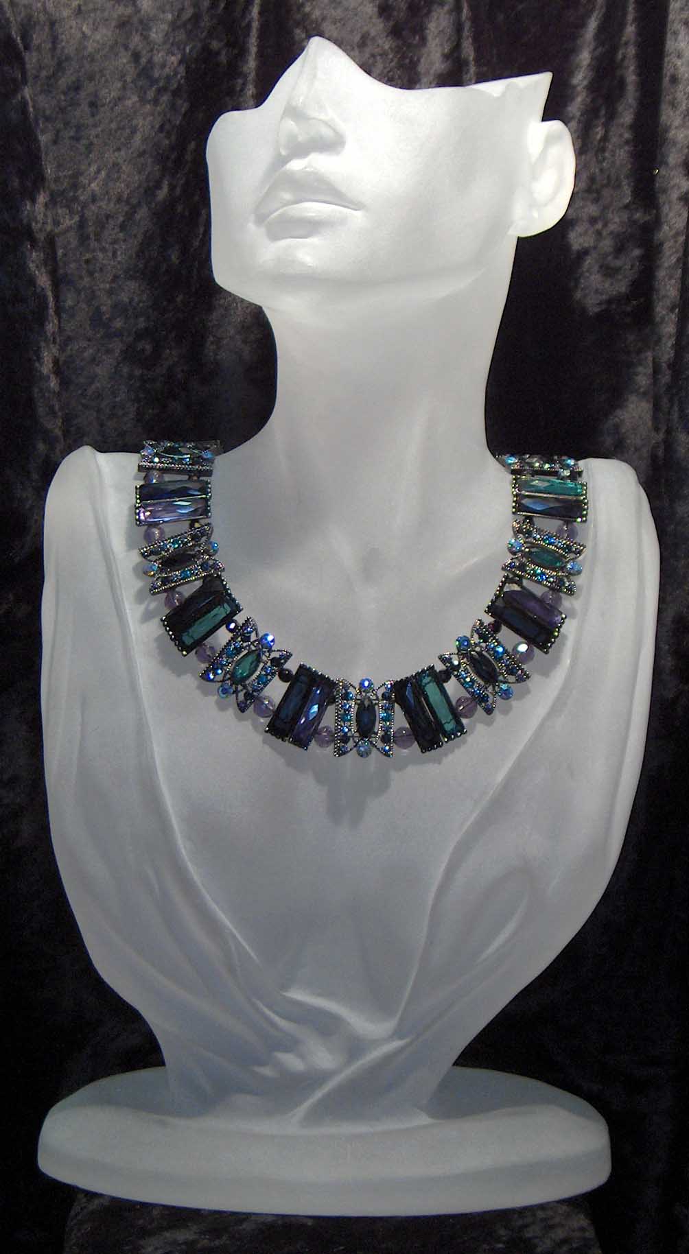 Blue, green, purple crystal and glass choker