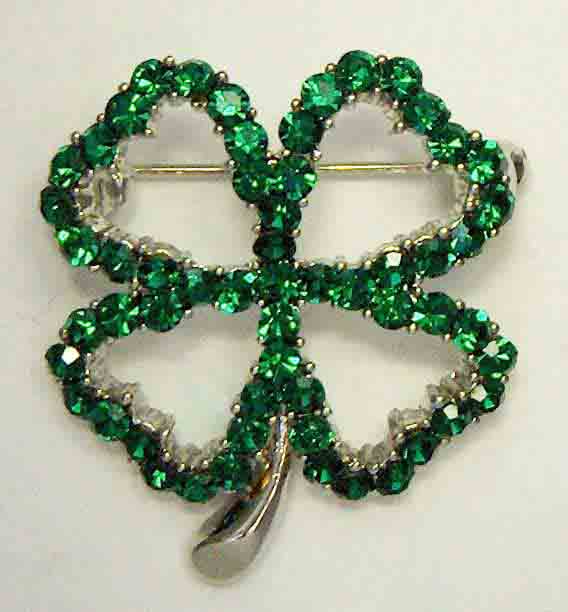 Green crystal open shamrock pin