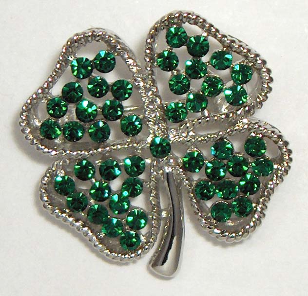 Green crystal shamrock pin