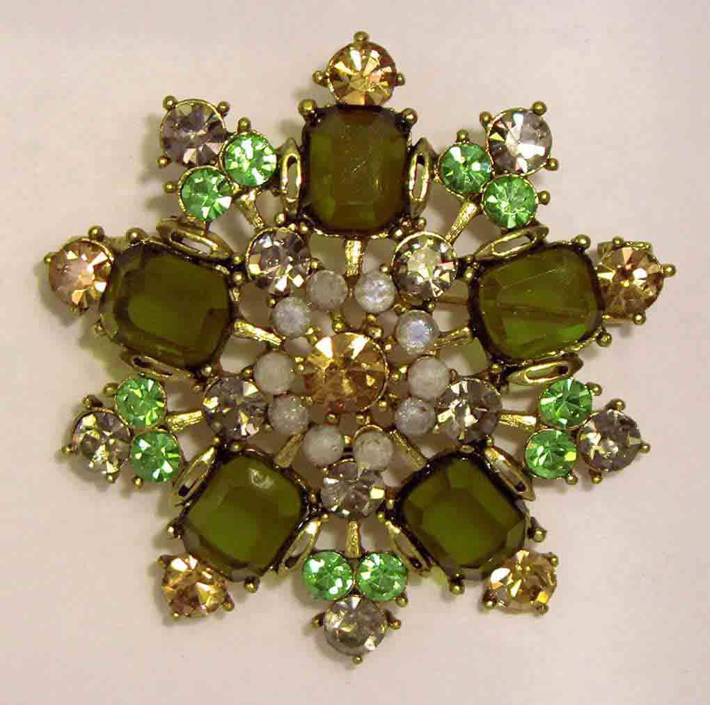 Yellow, green, opalite crystal pin